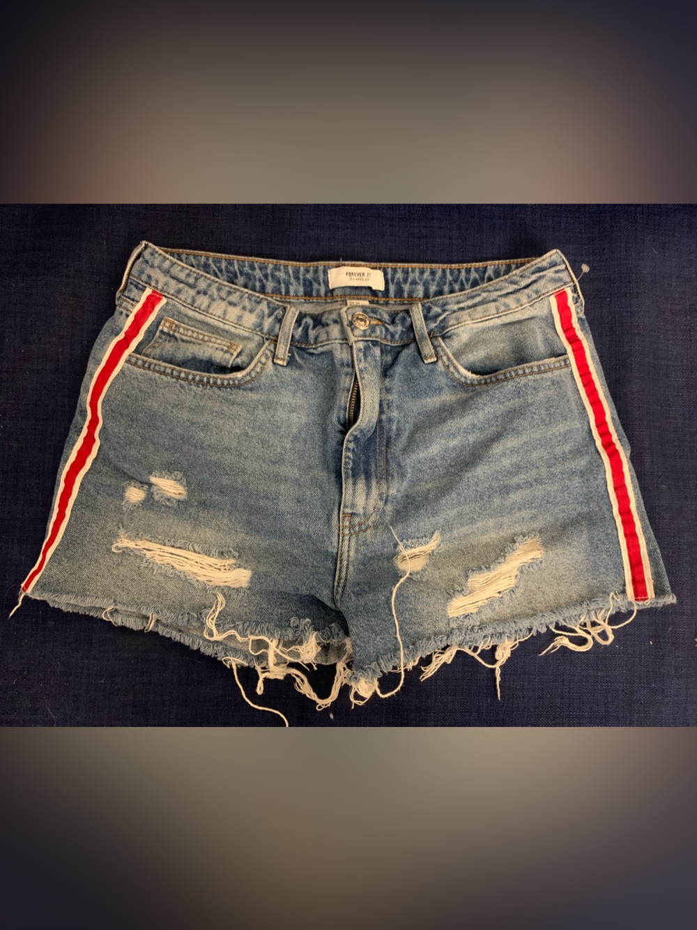 Forever 21 Light Blue Distressed Denim Shorts with Red and White Side Stripes